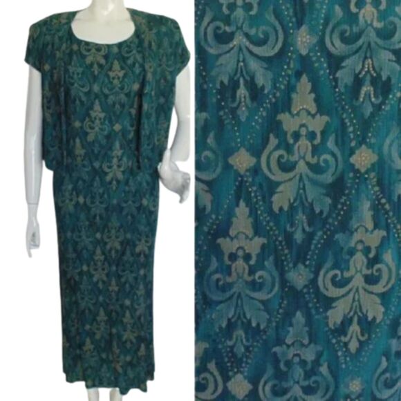 Karin Stevens Dress Set, 8, 2 pc, Cropped Jacket, Green/Tan Baroque print - Picture 2 of 15